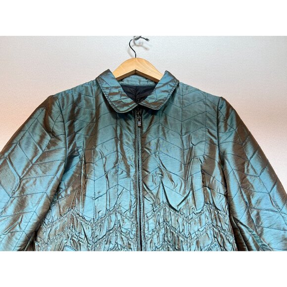 Ubu Women Crinkle Quilted Jacket Medium Metallic Teal Textured Travel Reversible - Picture 5 of 12